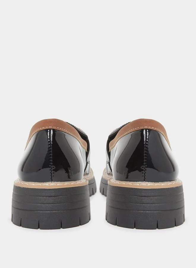 Take Two  Black Metal Buckle Detail Thick Sole Platform Loafers for Women | Best Price UAE